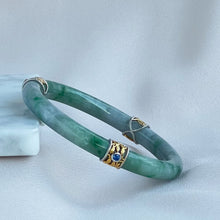 Load image into Gallery viewer, 70353 54.5mm Chantilly Lace Series Slim Cut Green with Blue Sapphire Rounded Jadeite Bangle
